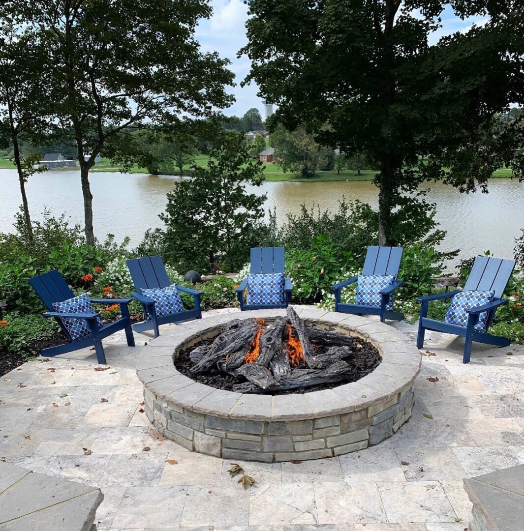 Blue chairs and firepit