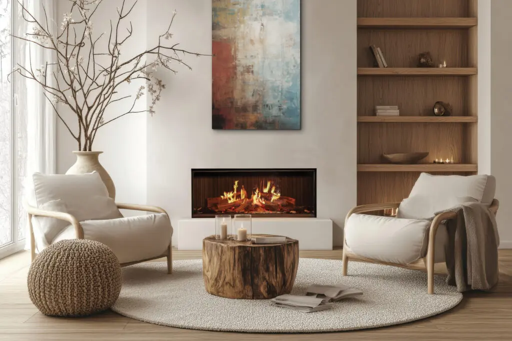 Cozy modern living room, warm lighting, fireplace, white walls, wooden floors, minimalist furniture, armchairs, coffee table, decorative branches, built-in shelves, neutral color palette, hygge atmosphere, Scandinavian design, textured vase, candles, natural elements, soft textures, intimate space, architectural details, clean lines, ambient glow, inviting interior